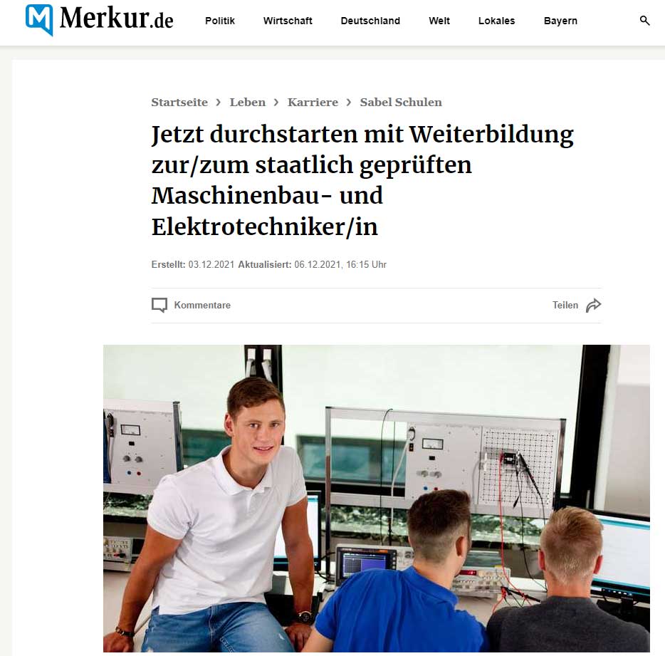 screenshot zum Artikel auf merkur.de über die Weiterbildung zum staatlich geprüften Techniker an der GBS Technikerschule mit Start im Februar